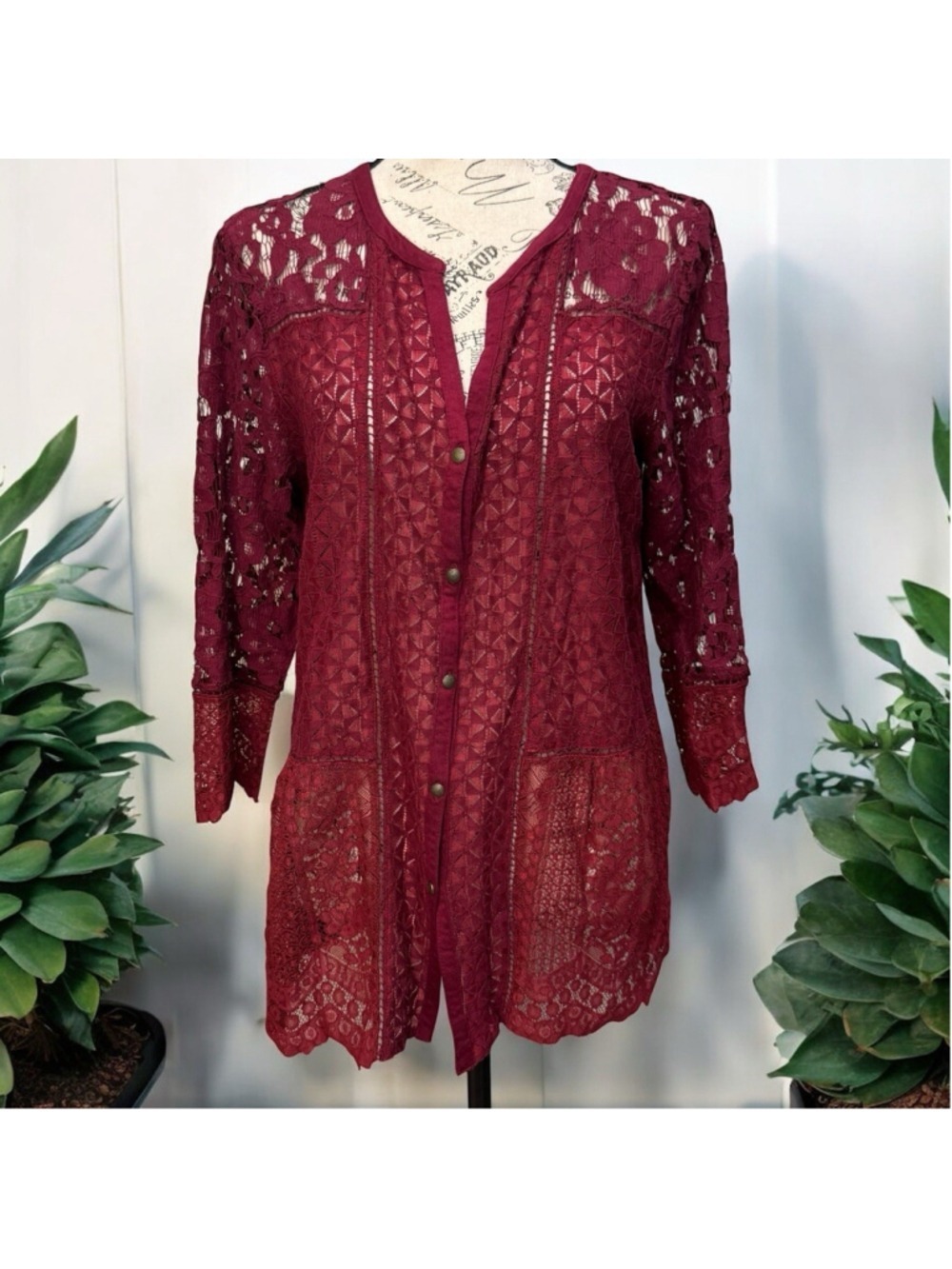 Lucky Brand Maroon Button Down Lace Crochet Blouse Top Large